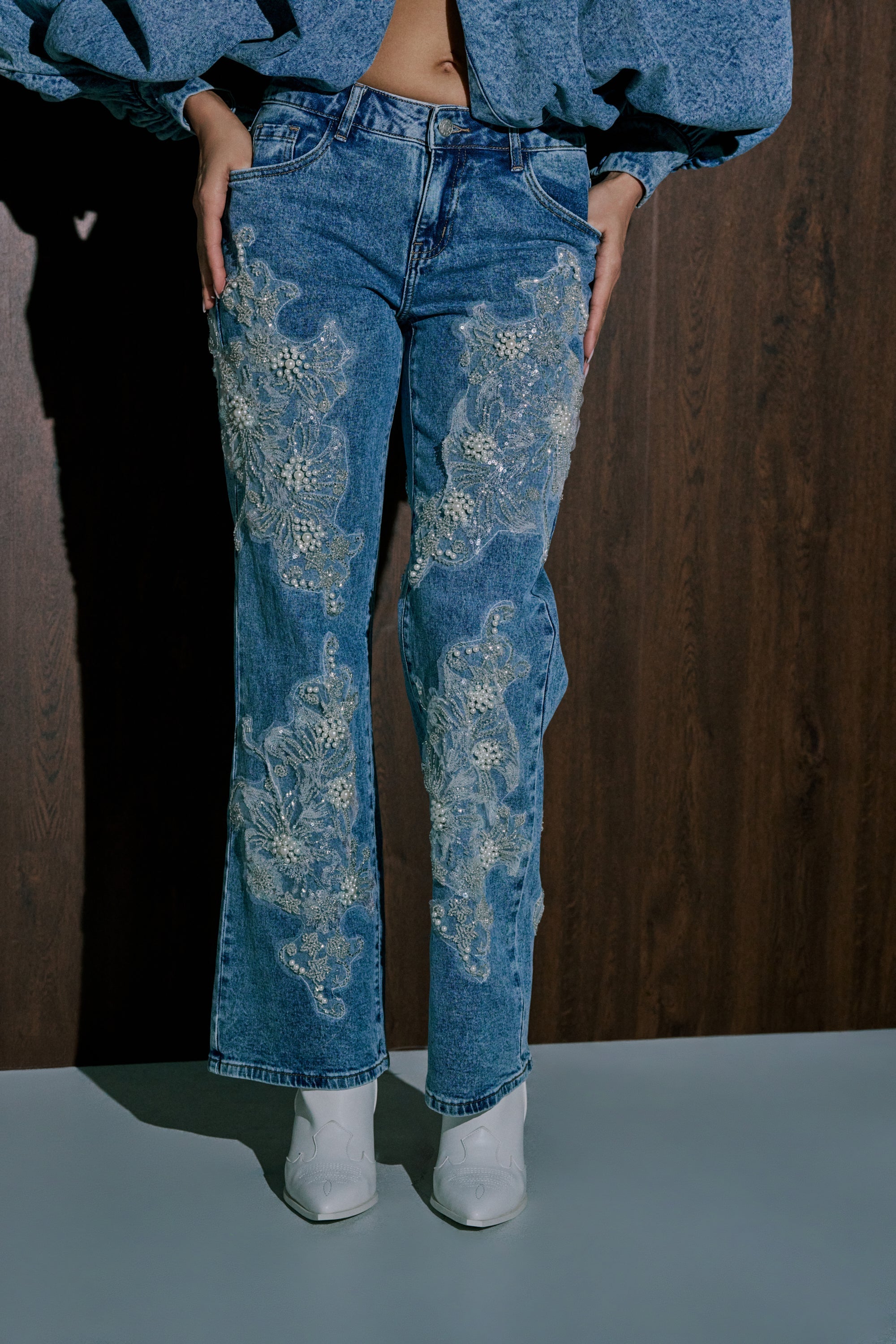 BILLIONAIRE BELLE RHINESTONE AND PEARL JEANS