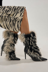 AZALEA WANG MAHTAMA BLACK AND BEIGE FUR STILETTO BOOTIE