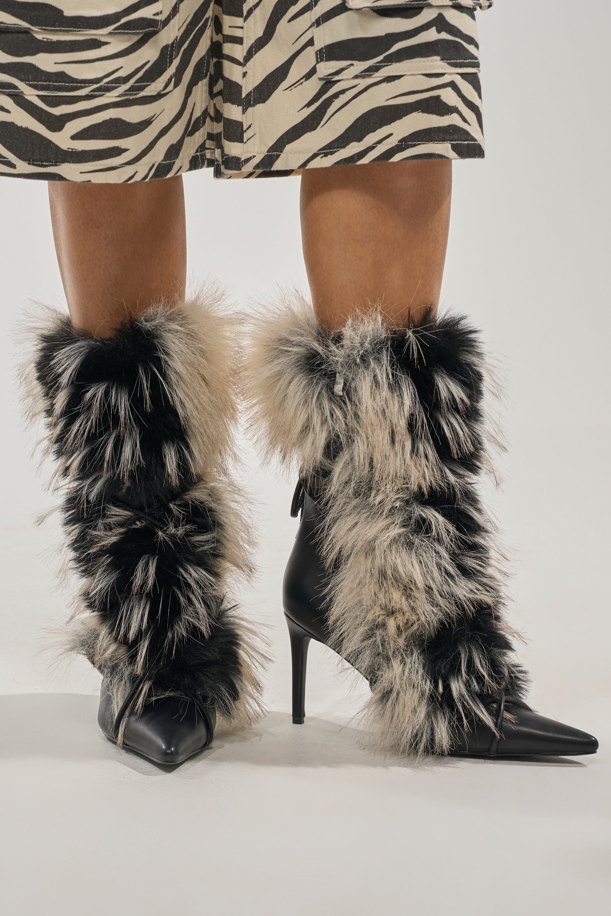 AZALEA WANG MAHTAMA BLACK AND BEIGE FUR STILETTO BOOTIE