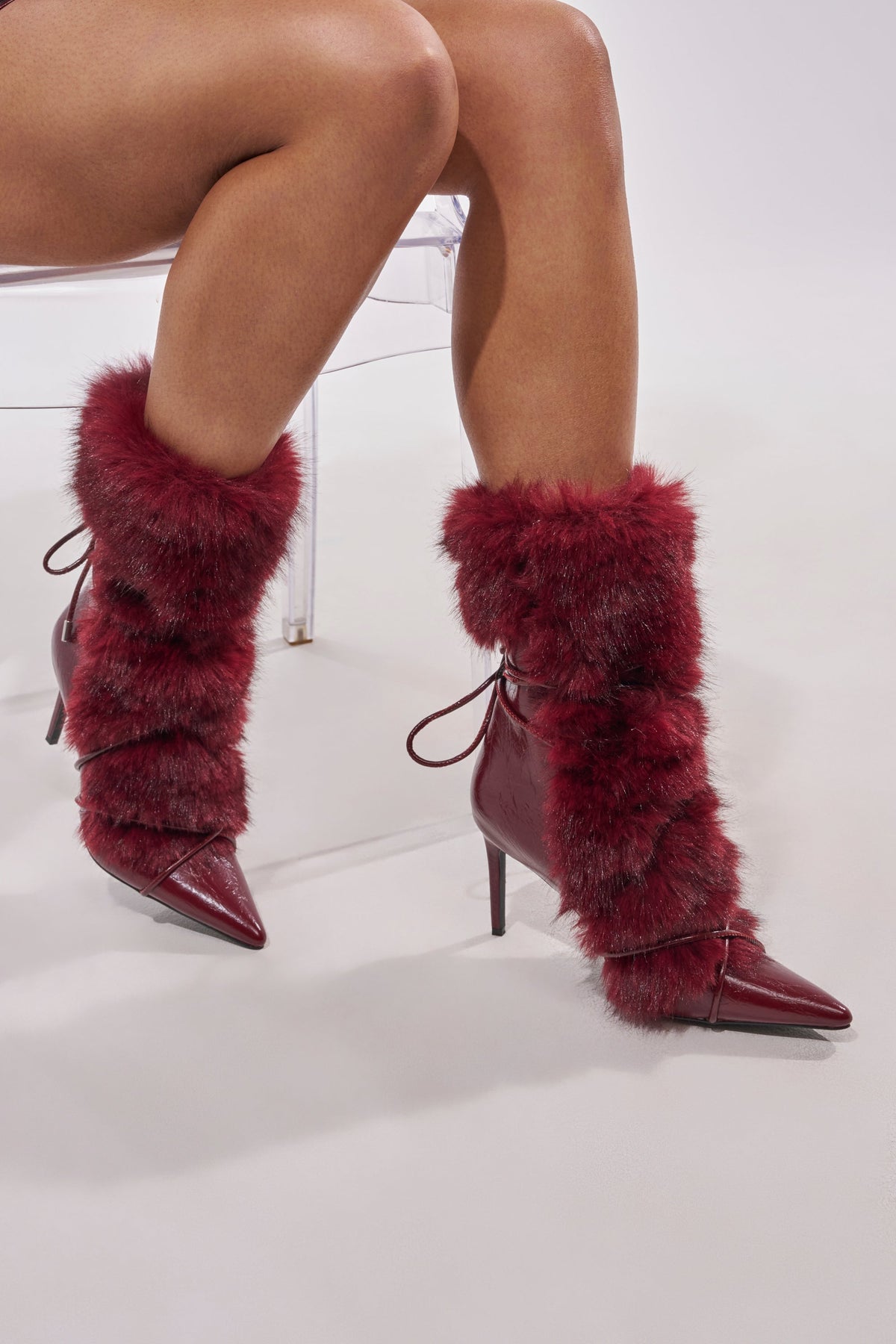 AZALEA WANG MAHTAMA BURGUNDY FUR STILETTO BOOTIE