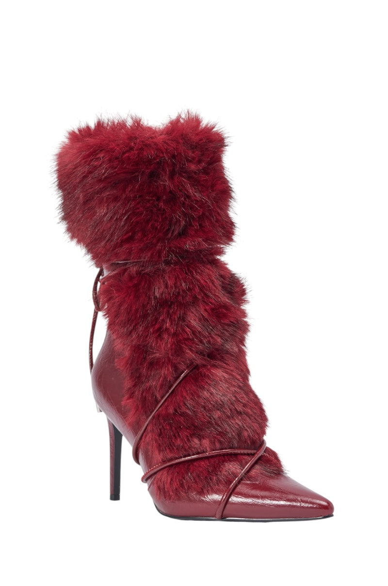 AZALEA WANG MAHTAMA BURGUNDY FUR STILETTO BOOTIE