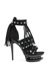 AKIRA GOLD MAROVA BLACK NOVELTY PLATFORM FRINGE EMBELLISHED SANDAL