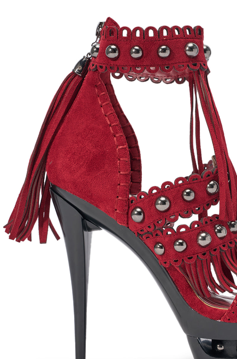 AKIRA GOLD BURGUNDY SUEDE STILETTO SANDAL