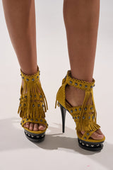 AKIRA GOLD MAROVA MUSTARD NOVELTY PLATFORM FRINGE EMBELLISHED SANDAL