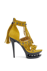AKIRA GOLD MAROVA MUSTARD NOVELTY PLATFORM FRINGE EMBELLISHED SANDAL