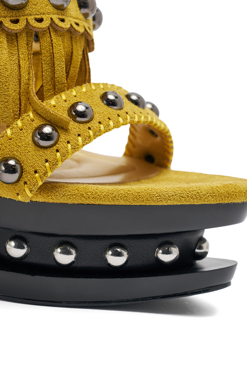 AKIRA GOLD MAROVA MUSTARD NOVELTY PLATFORM FRINGE EMBELLISHED SANDAL