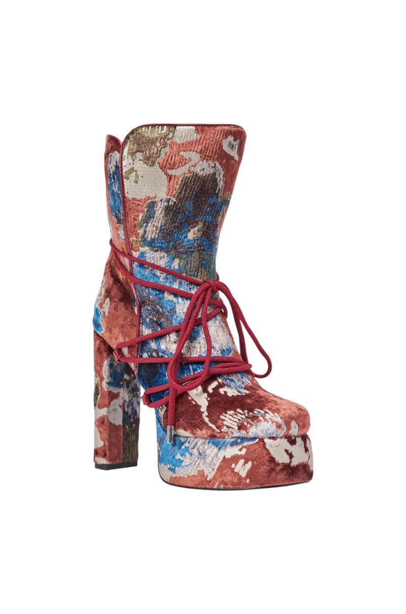 AKIRA GOLD MAYBE MULTI VELVET PRINT PLATFORM BOOTIE