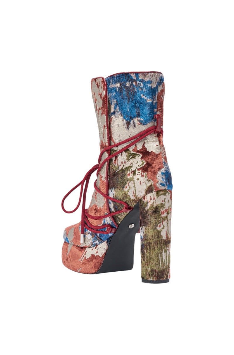 AKIRA GOLD MAYBE MULTI VELVET PRINT PLATFORM BOOTIE