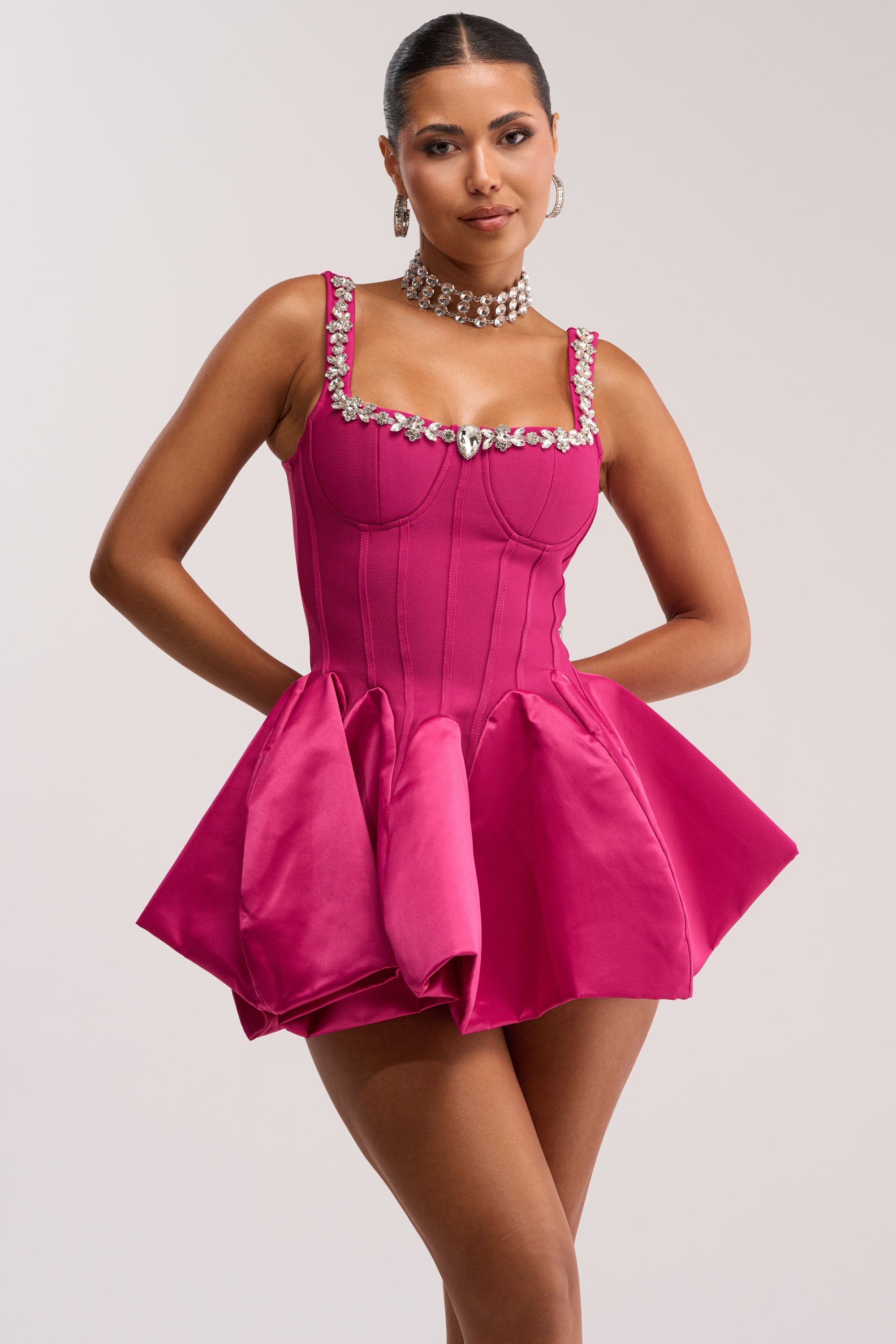 SHIMMER FRAME RHINESTONE MINI DRESS IN PINK