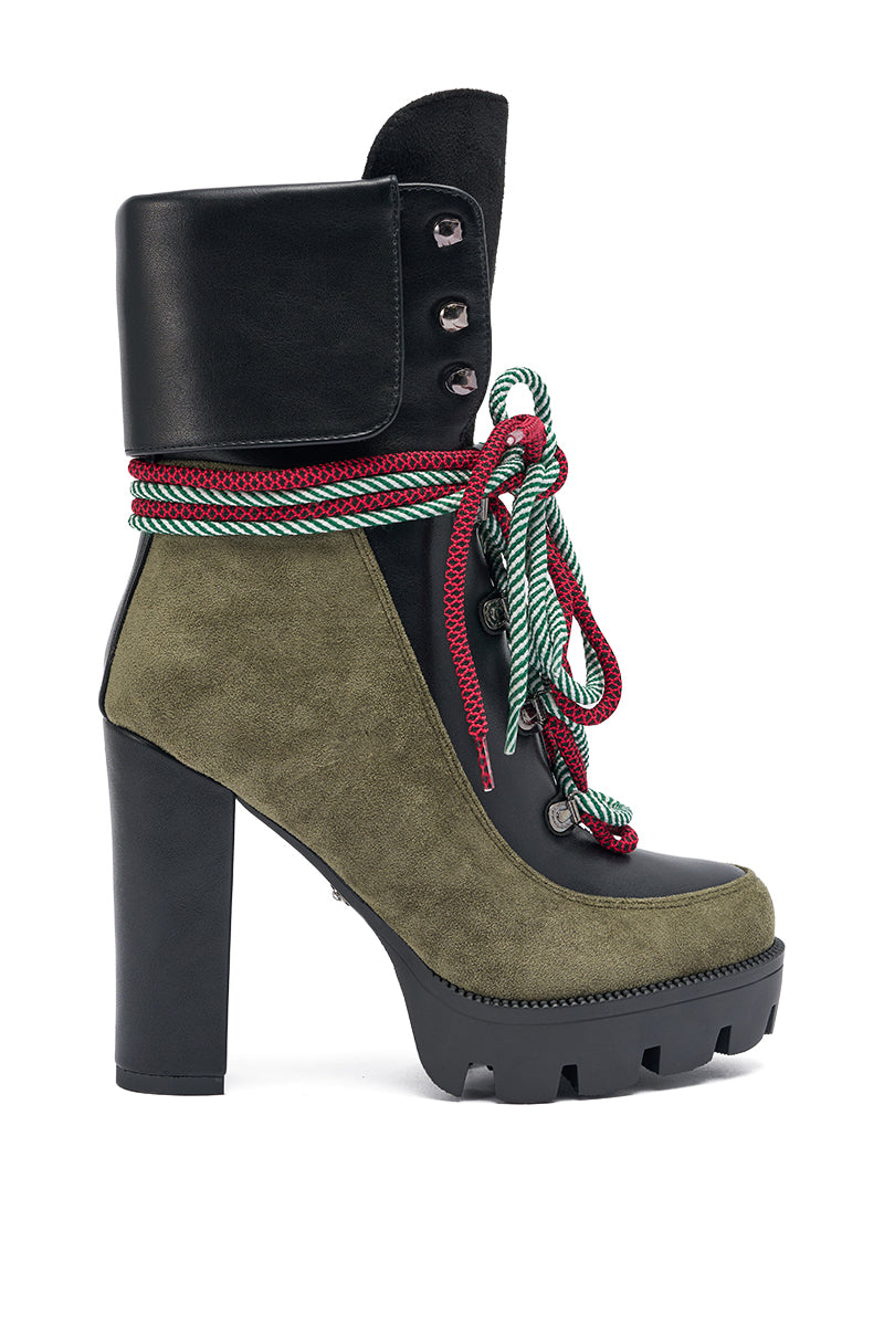AKIRA GOLD MUFFLER GREENMULTI BLOCK HEEL BOOTIE