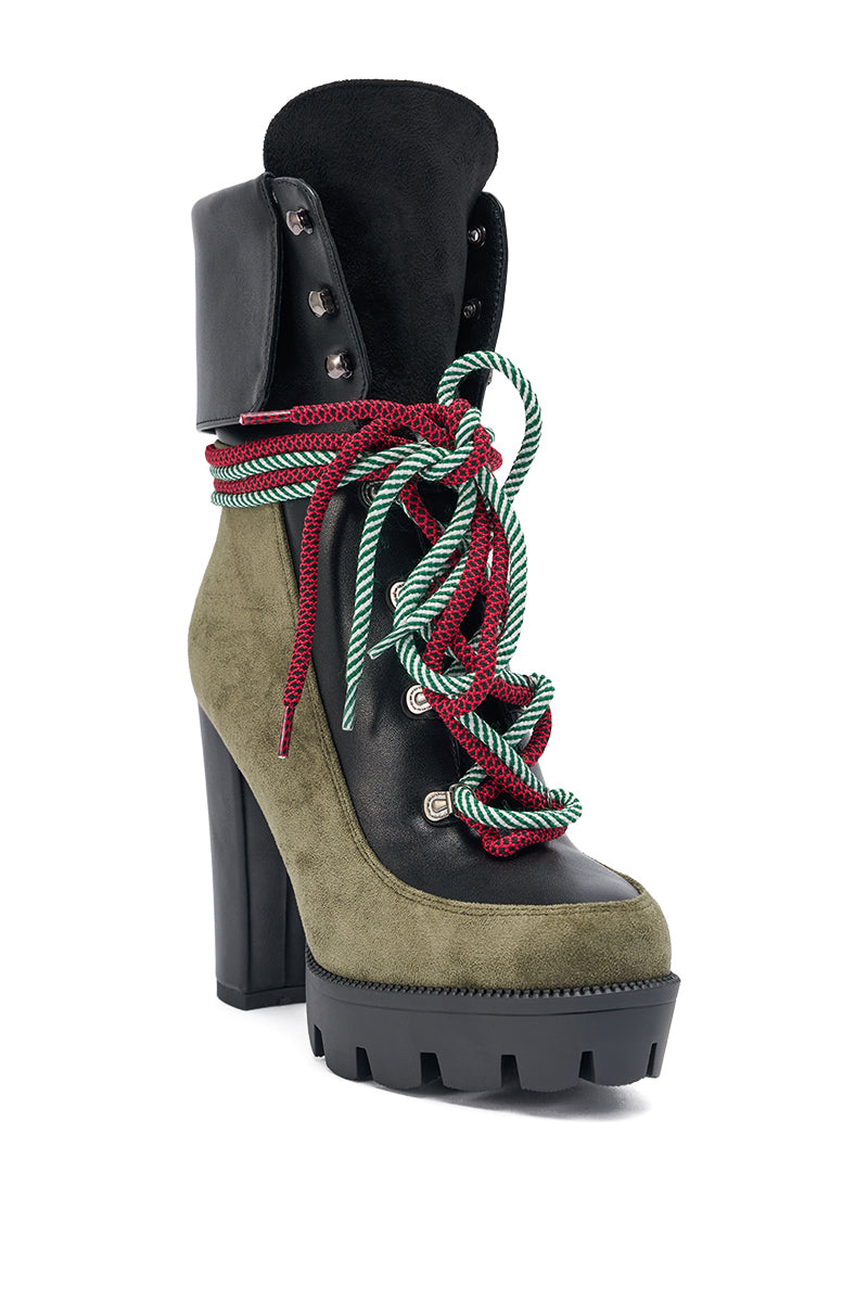 AKIRA GOLD MUFFLER GREENMULTI BLOCK HEEL BOOTIE