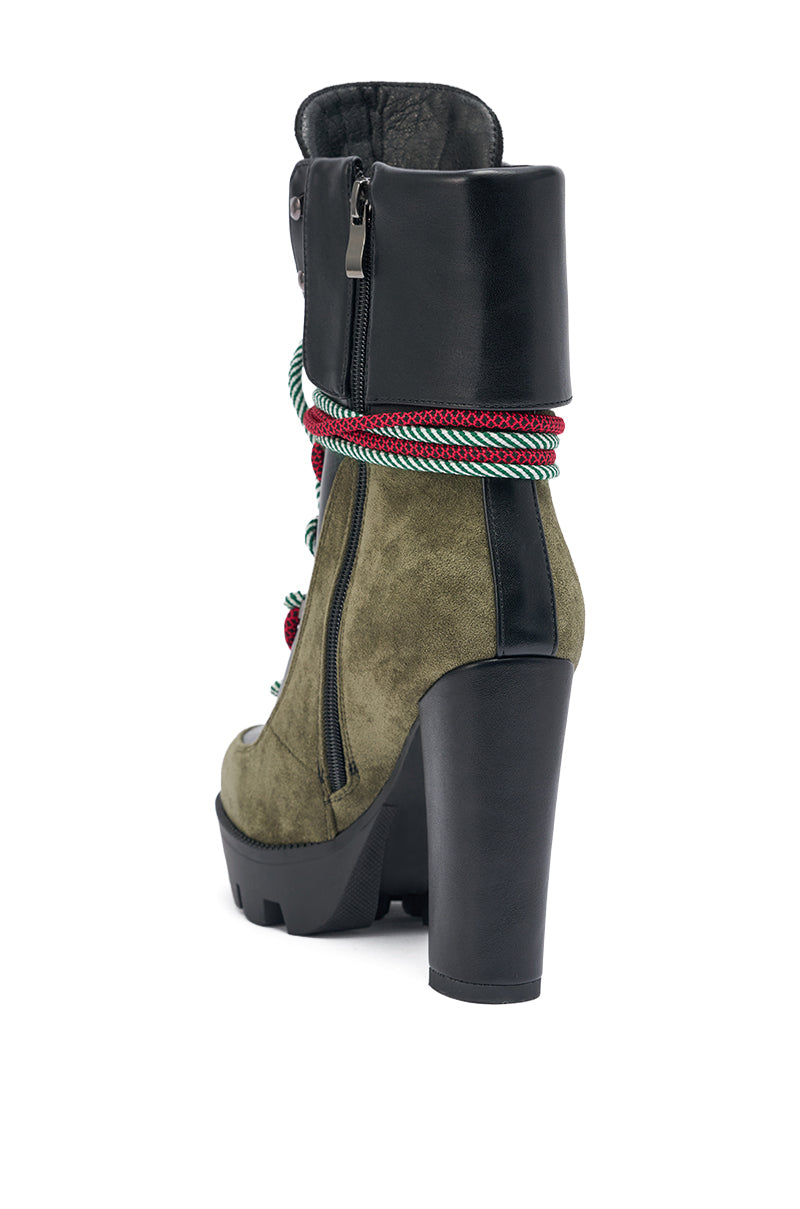 AKIRA GOLD MUFFLER GREENMULTI BLOCK HEEL BOOTIE