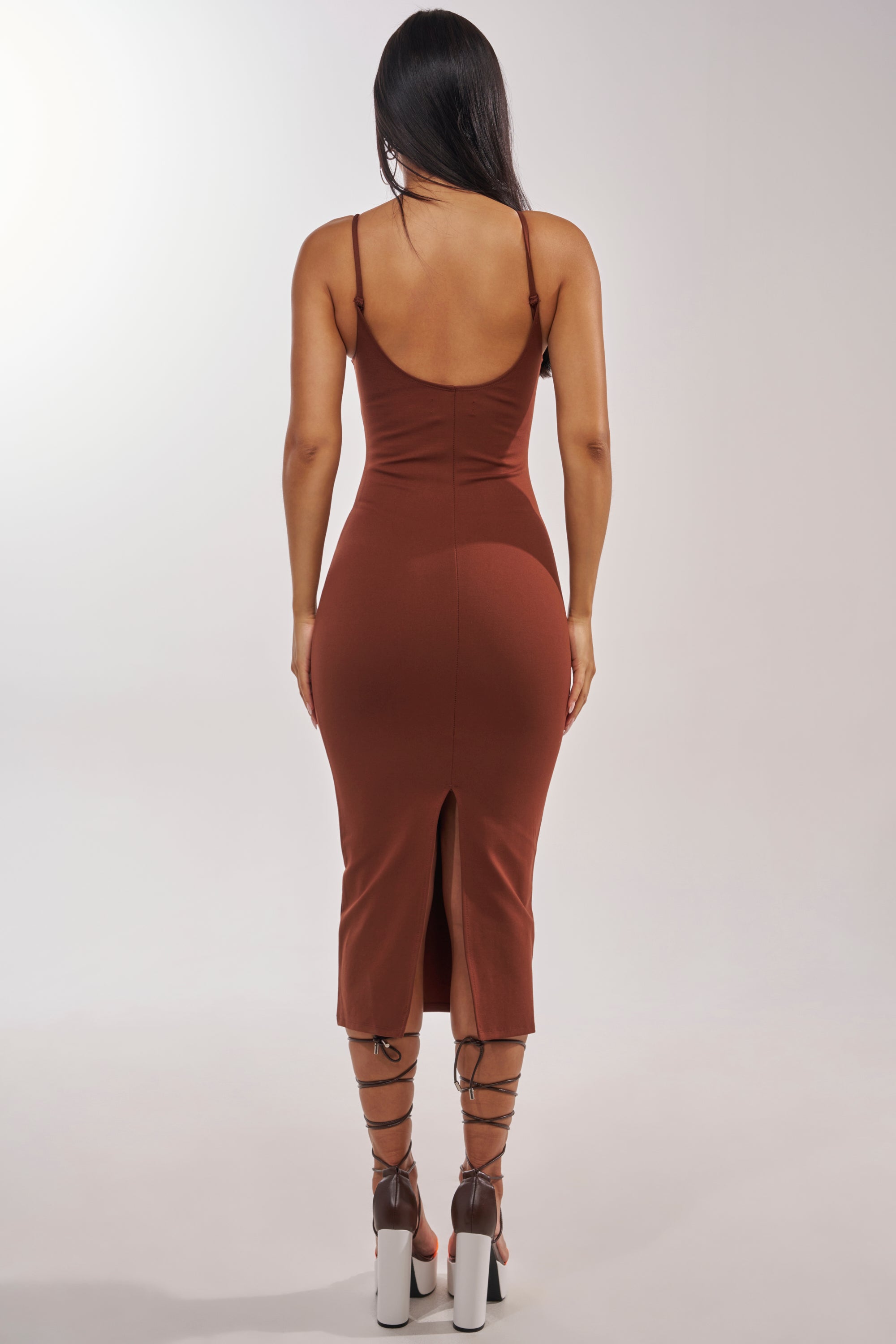 REYNA MIDI BODYCON DRESS IN BROWN