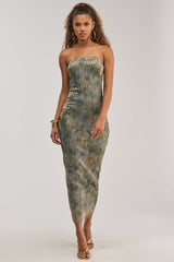 CHAMPAGNE GLOW STRAPLESS MAXI DRESS