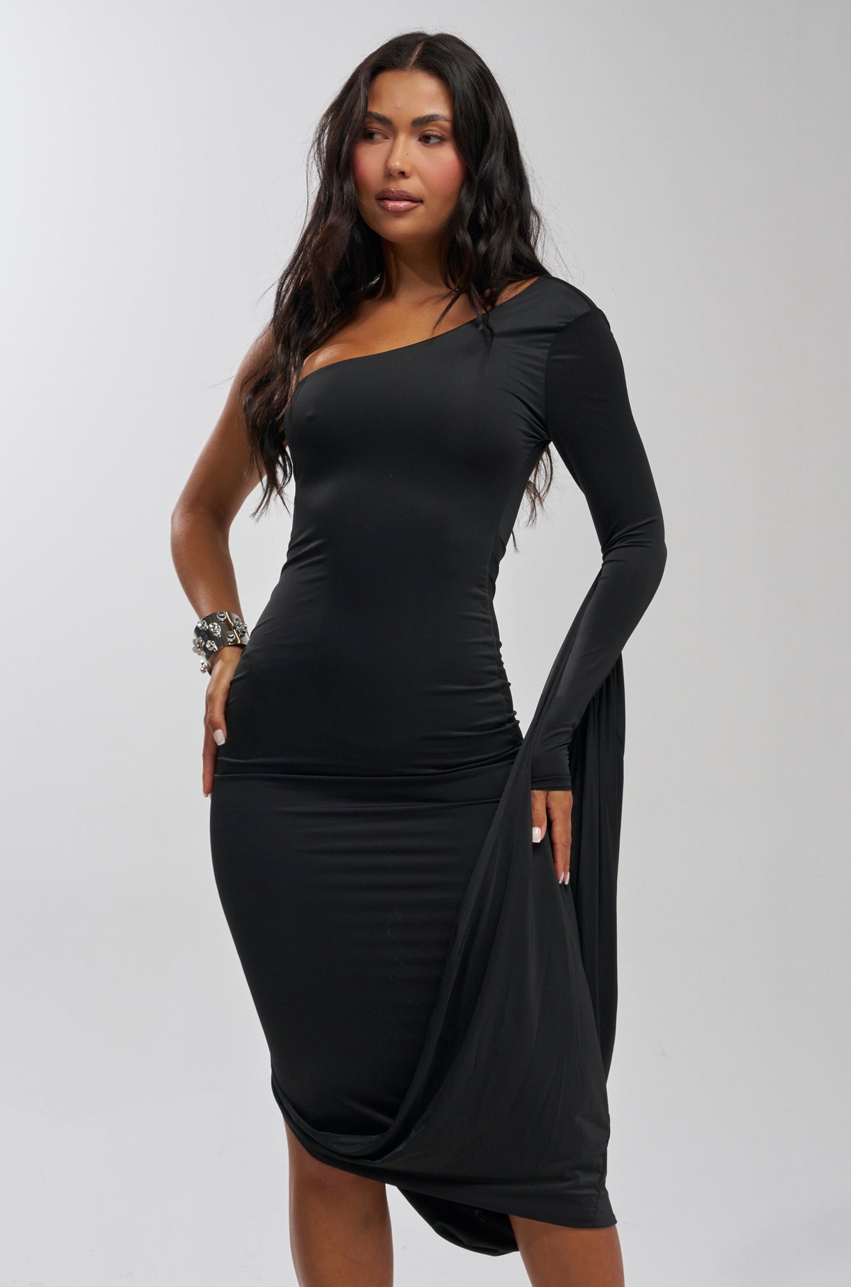 FOREVER FLIRTY ONE SHOULDER WINGED MIDI DRESS