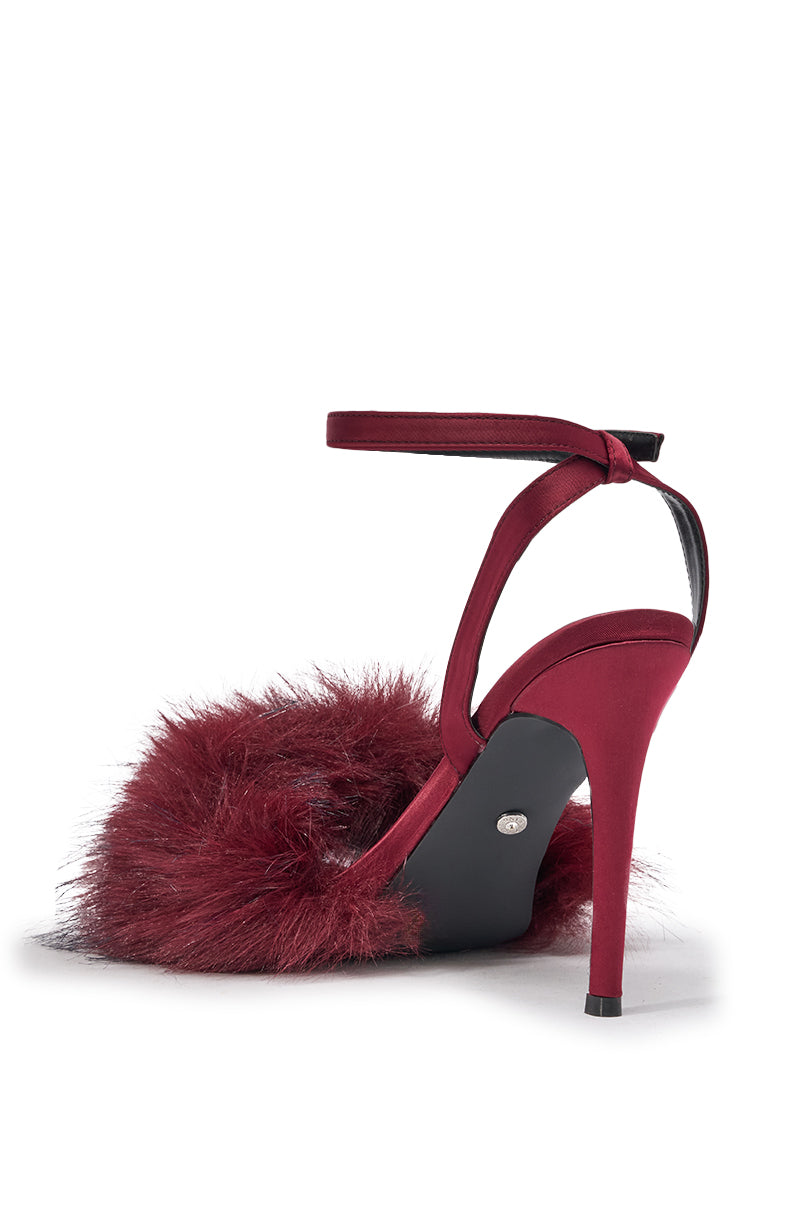 AZALEA WANG NADIA BURGUNDY FUR EMBELLISHED STILETTO SANDAL