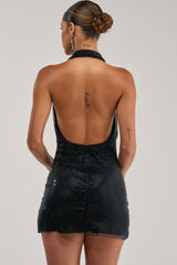 THE GLOW UP HALTER RHINESTONE MINI DRESS IN BLACK