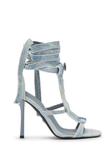 AKIRA GOLD NORMA JEAN DENIM STRAPPY STILETTO SANDAL
