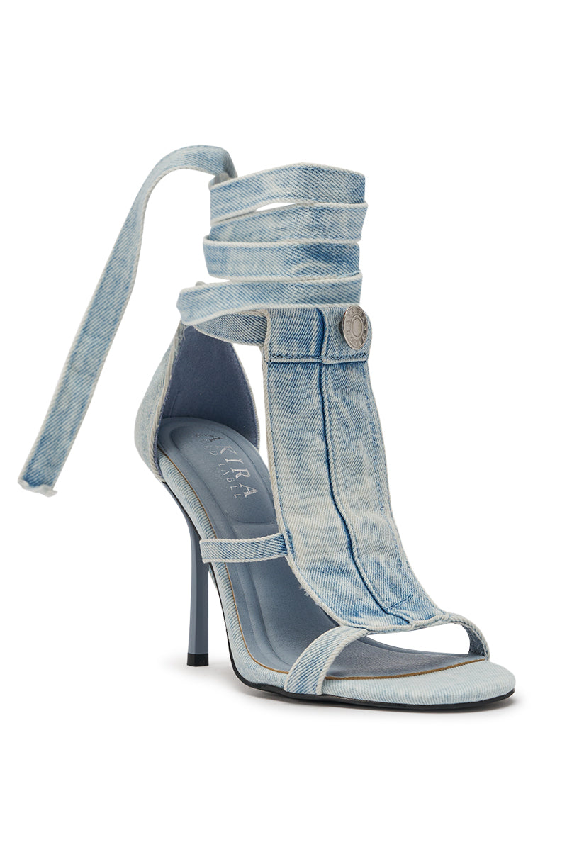 AKIRA GOLD NORMA JEAN DENIM STRAPPY STILETTO SANDAL