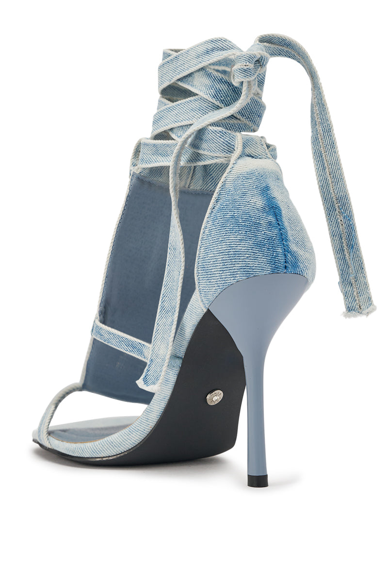 AKIRA GOLD NORMA JEAN DENIM STRAPPY STILETTO SANDAL