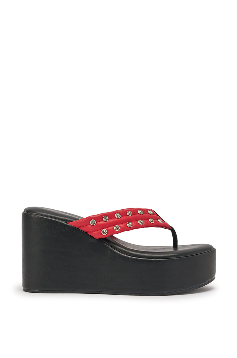 AZALEA WANG NOVELLE BLACK AND RED STUD EMBELLISHED PLATFORM SANDAL