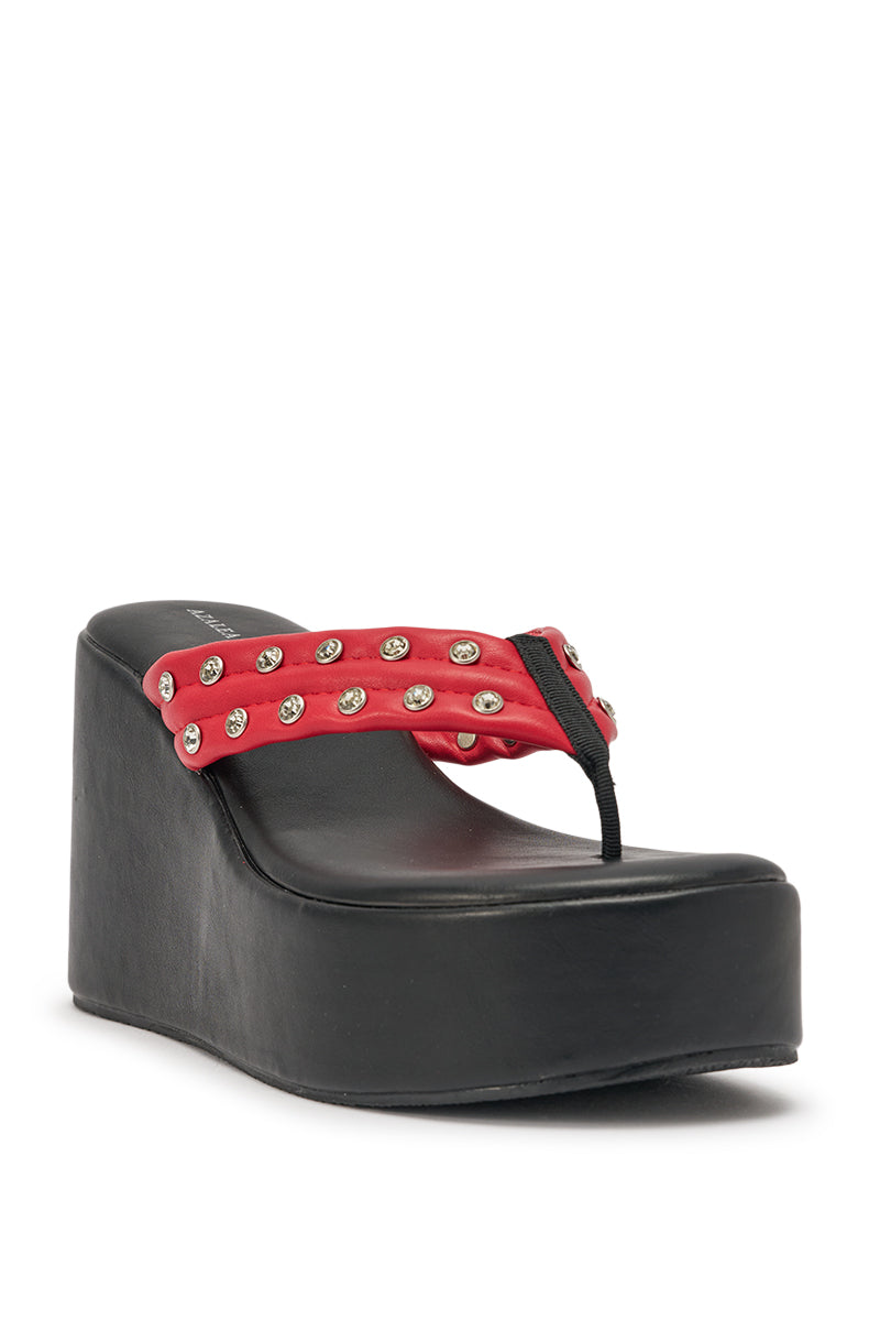 AZALEA WANG NOVELLE BLACK AND RED STUD EMBELLISHED PLATFORM SANDAL