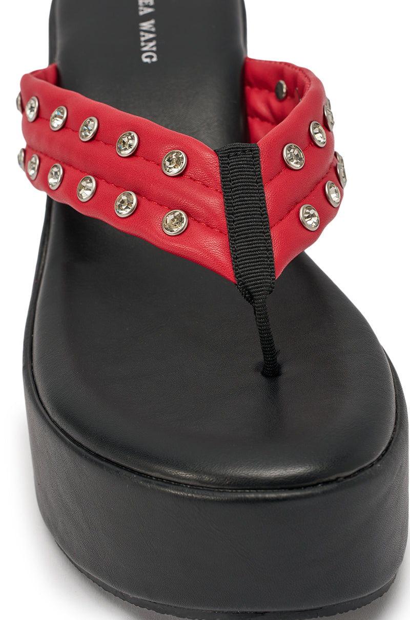 AZALEA WANG NOVELLE BLACK AND RED STUD EMBELLISHED PLATFORM SANDAL