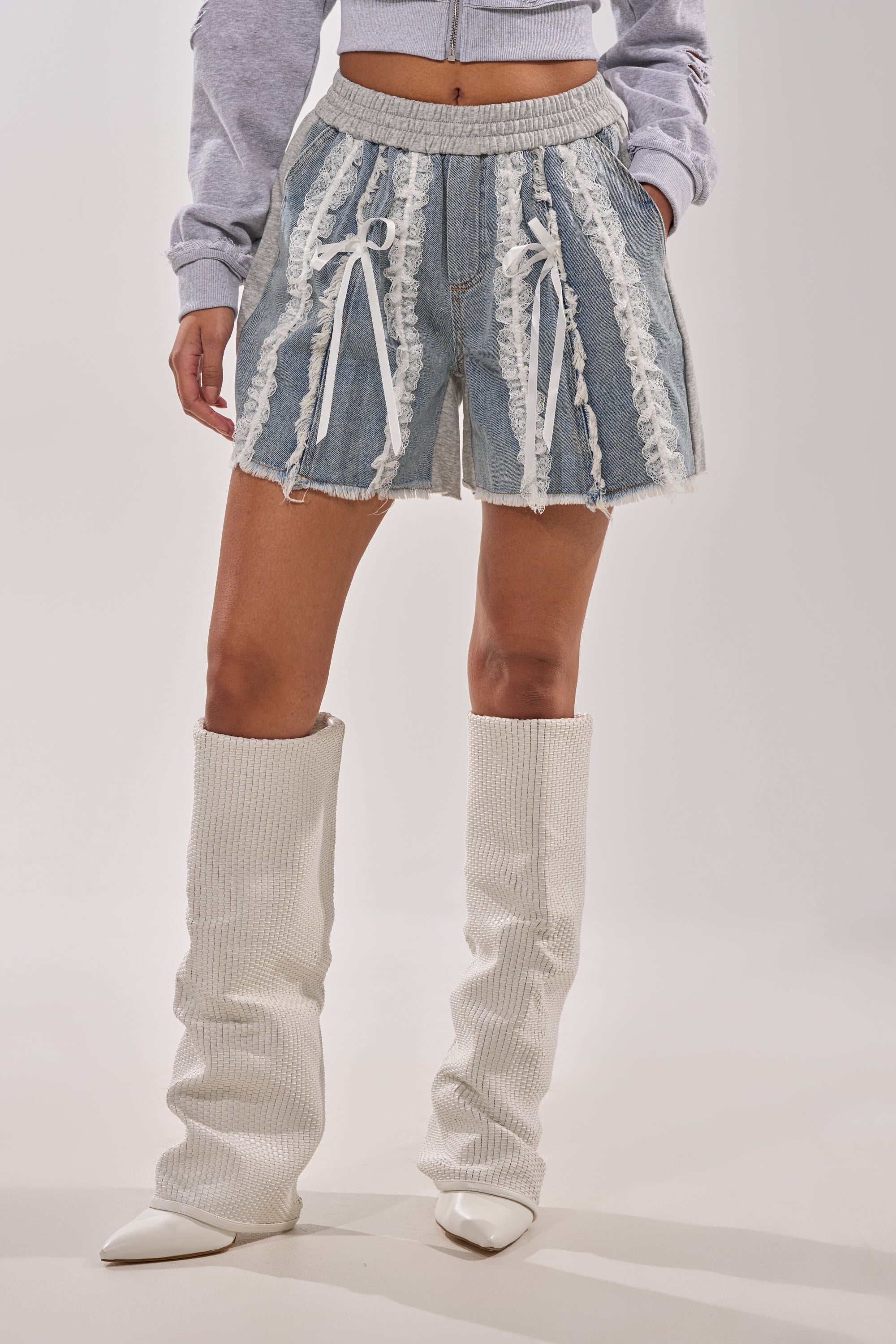TIED AND LACED DENIM SHORTS