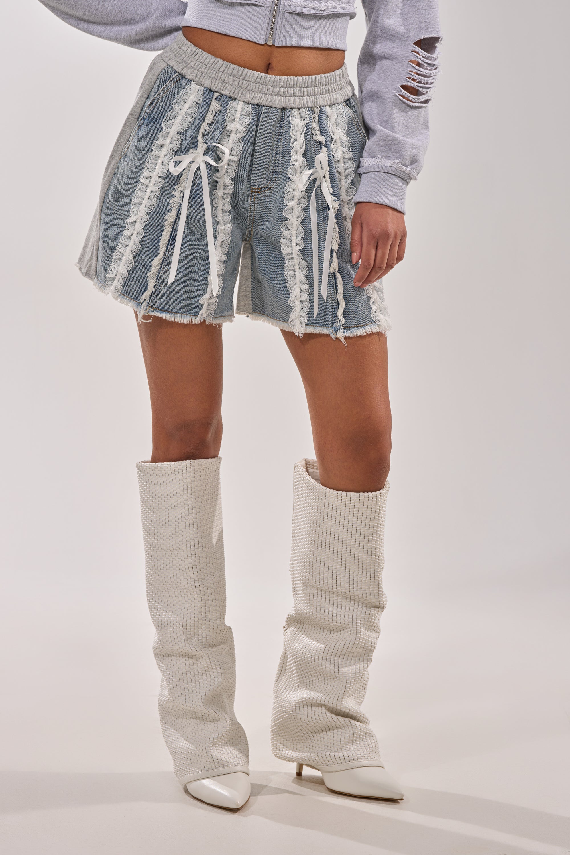 TIED AND LACED DENIM SHORTS