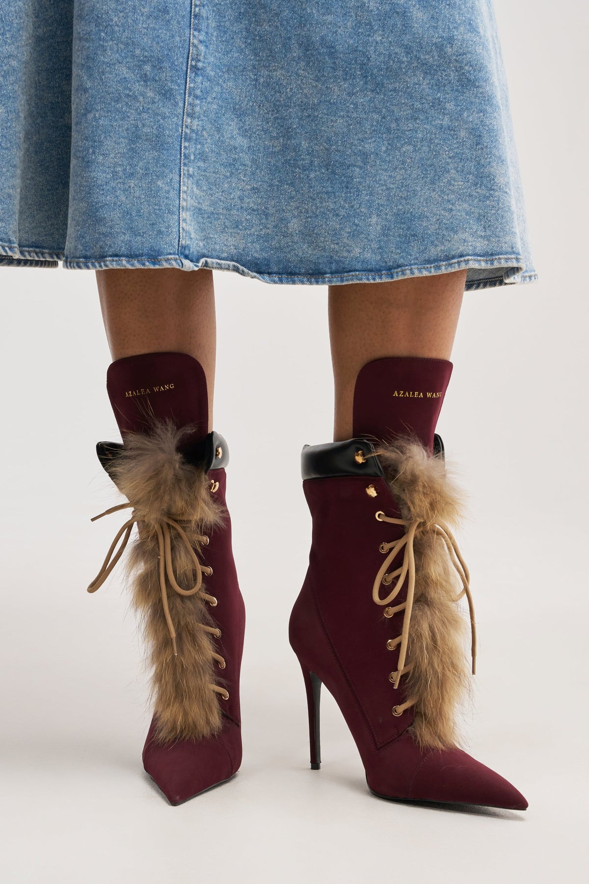 AKIRA GOLD NYMERA BURGUNDY STILETTO BOOTIE WITH FUR