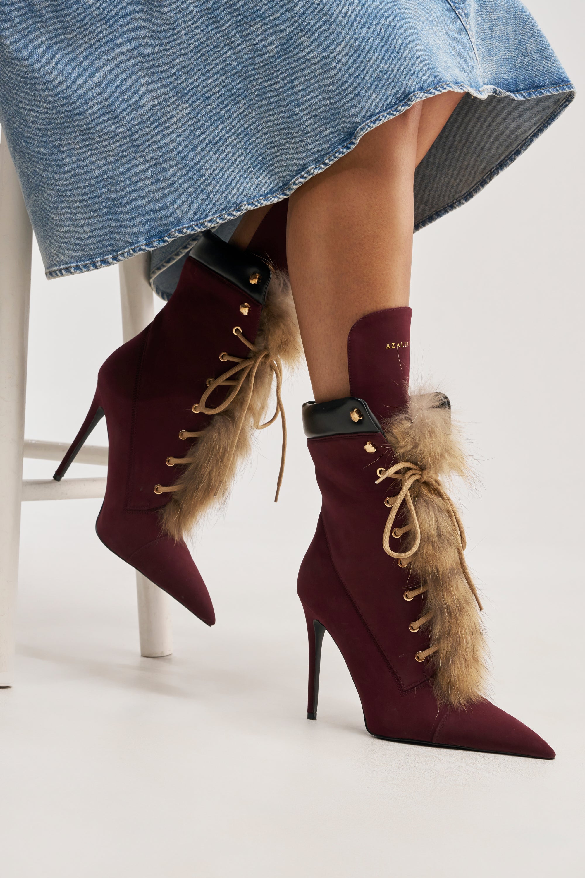 AKIRA GOLD NYMERA BURGUNDY STILETTO BOOTIE WITH FUR