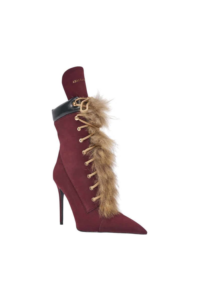 AKIRA GOLD NYMERA BURGUNDY STILETTO BOOTIE WITH FUR