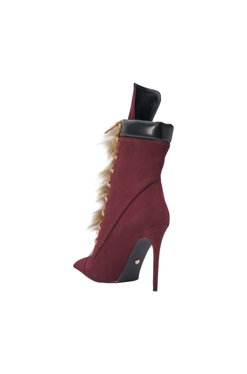 AKIRA GOLD NYMERA BURGUNDY STILETTO BOOTIE WITH FUR