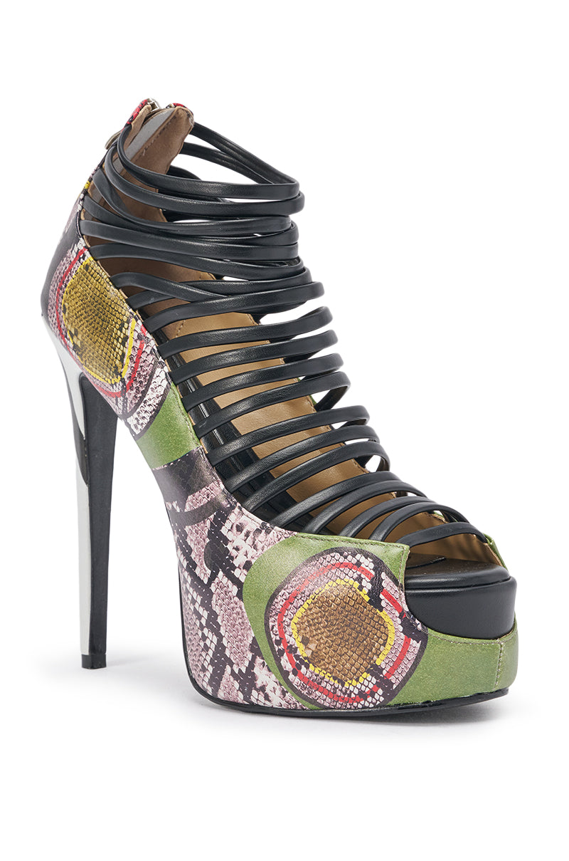 AKIRA GOLD OBSESSED SNAKE PRINT PU PLATFORM STILETTO SANDAL