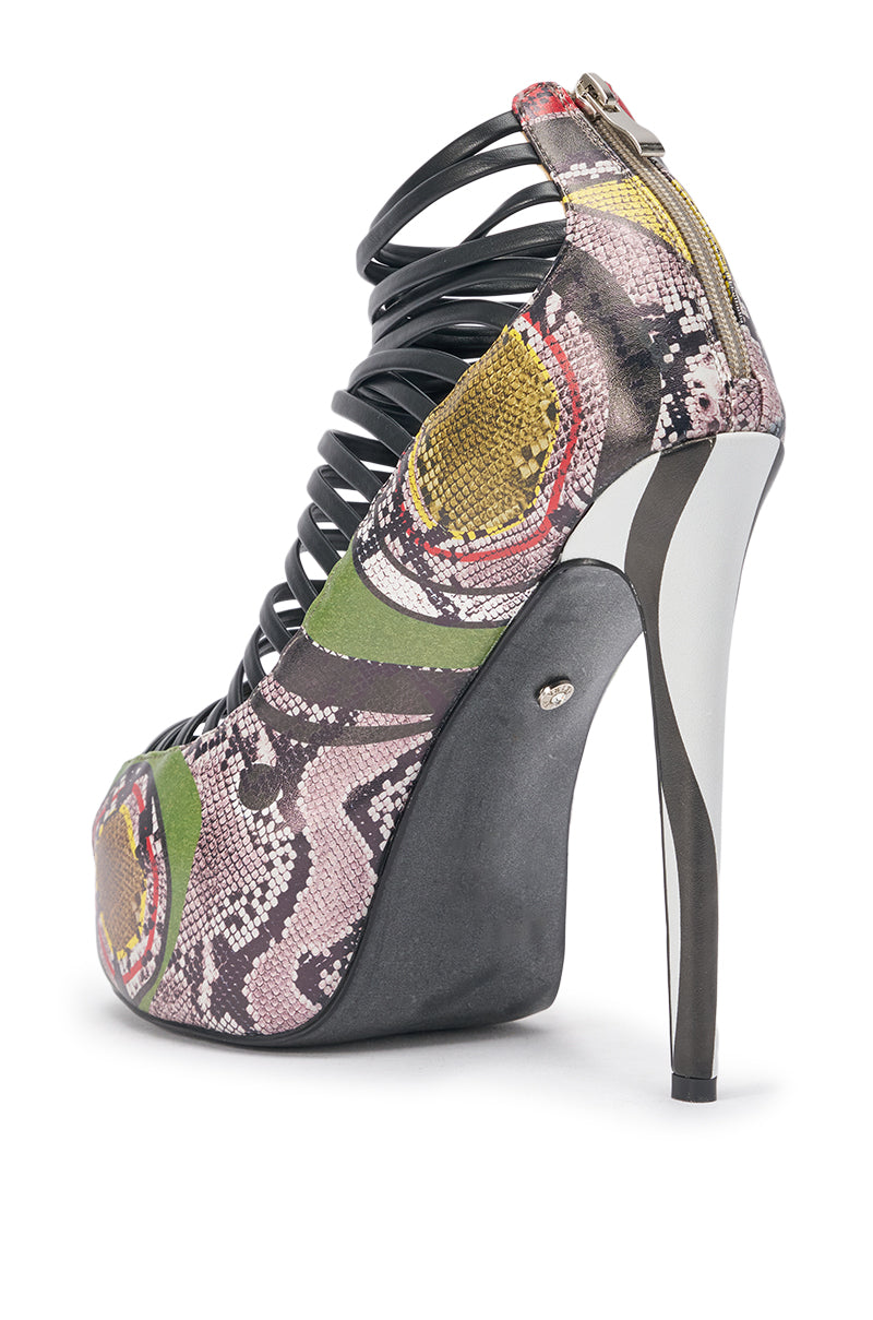 AKIRA GOLD OBSESSED SNAKE PRINT PU PLATFORM STILETTO SANDAL
