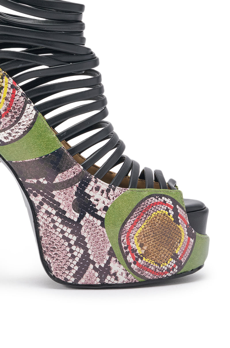 AKIRA GOLD OBSESSED SNAKE PRINT PU PLATFORM STILETTO SANDAL