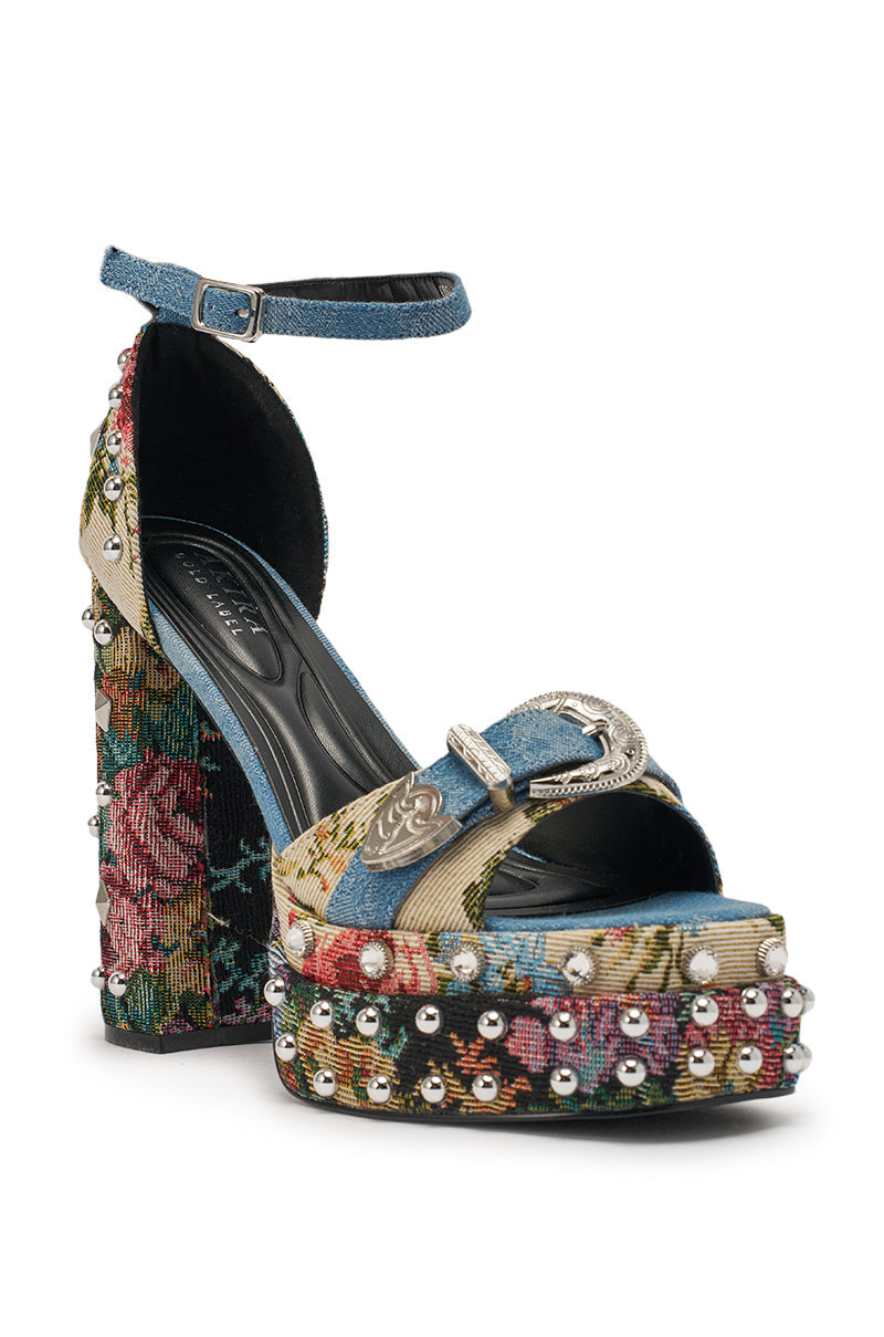 AKIRA GOLD ODE DENIM MULTI CHUNKY RHINESTONE SANDAL