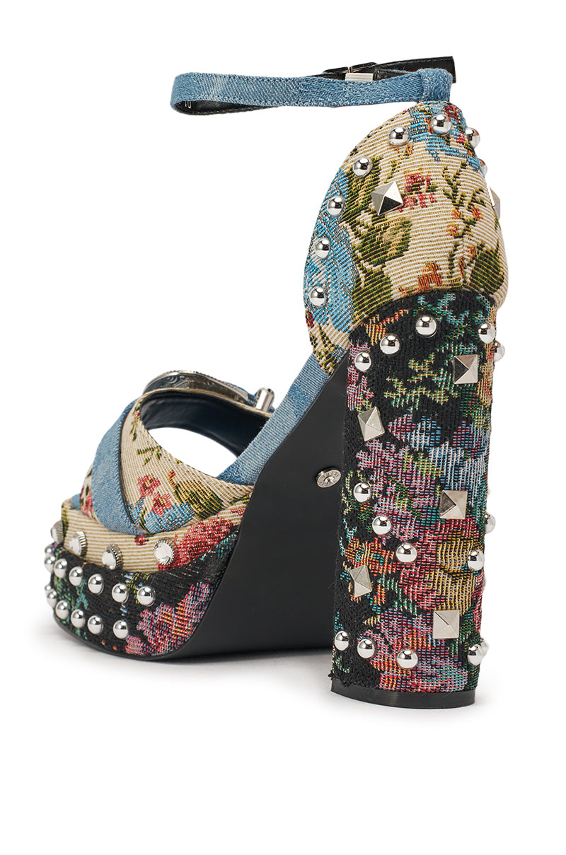 AKIRA GOLD ODE DENIM MULTI CHUNKY RHINESTONE SANDAL