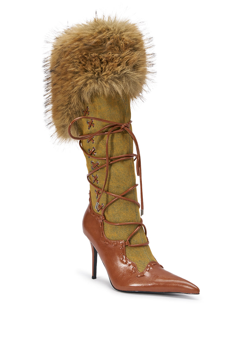 AZALEA WANG OHARAR DENIM MULTI FUR DETAIL STILETTO BOOT