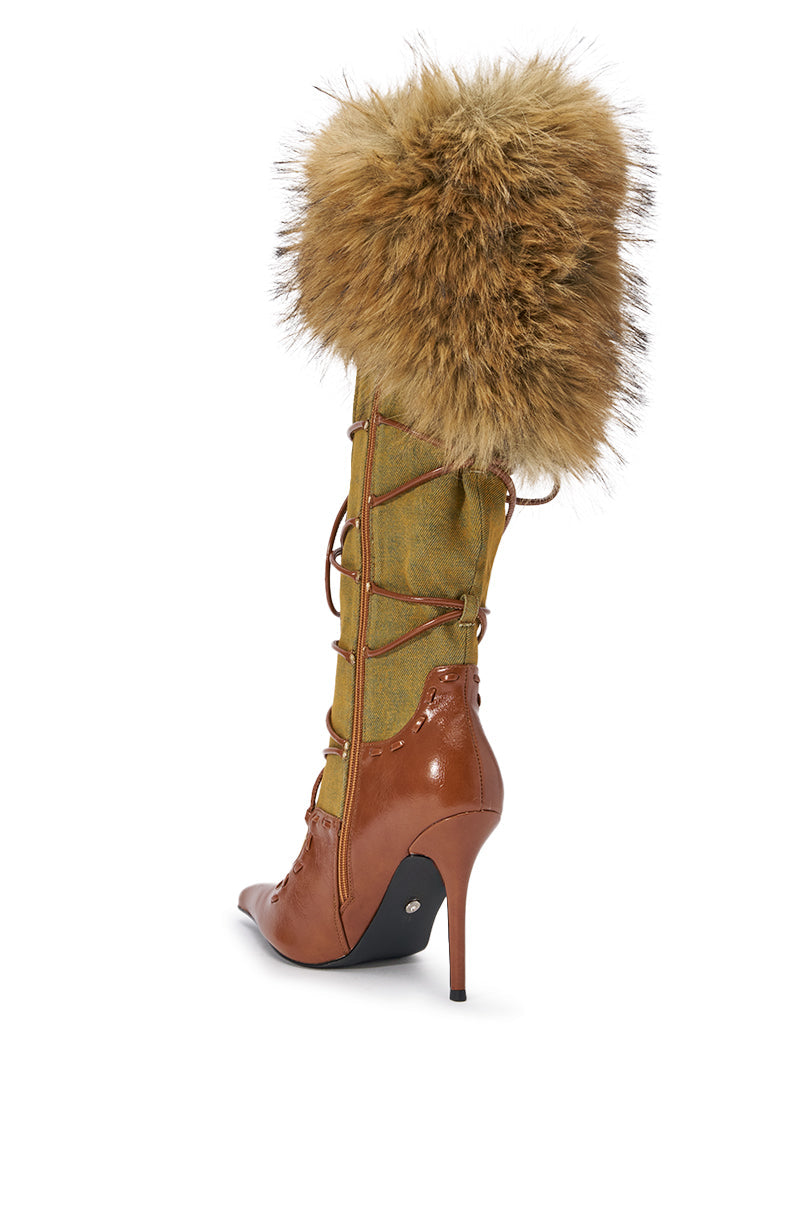 AZALEA WANG OHARAR DENIM MULTI FUR DETAIL STILETTO BOOT