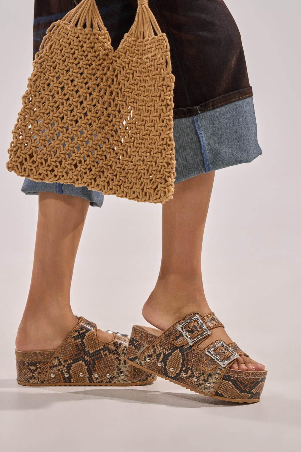 AZALEA WANG OHKAY SNAKE FLATFORM STUD EMBELLISHED SLIP ON SANDAL