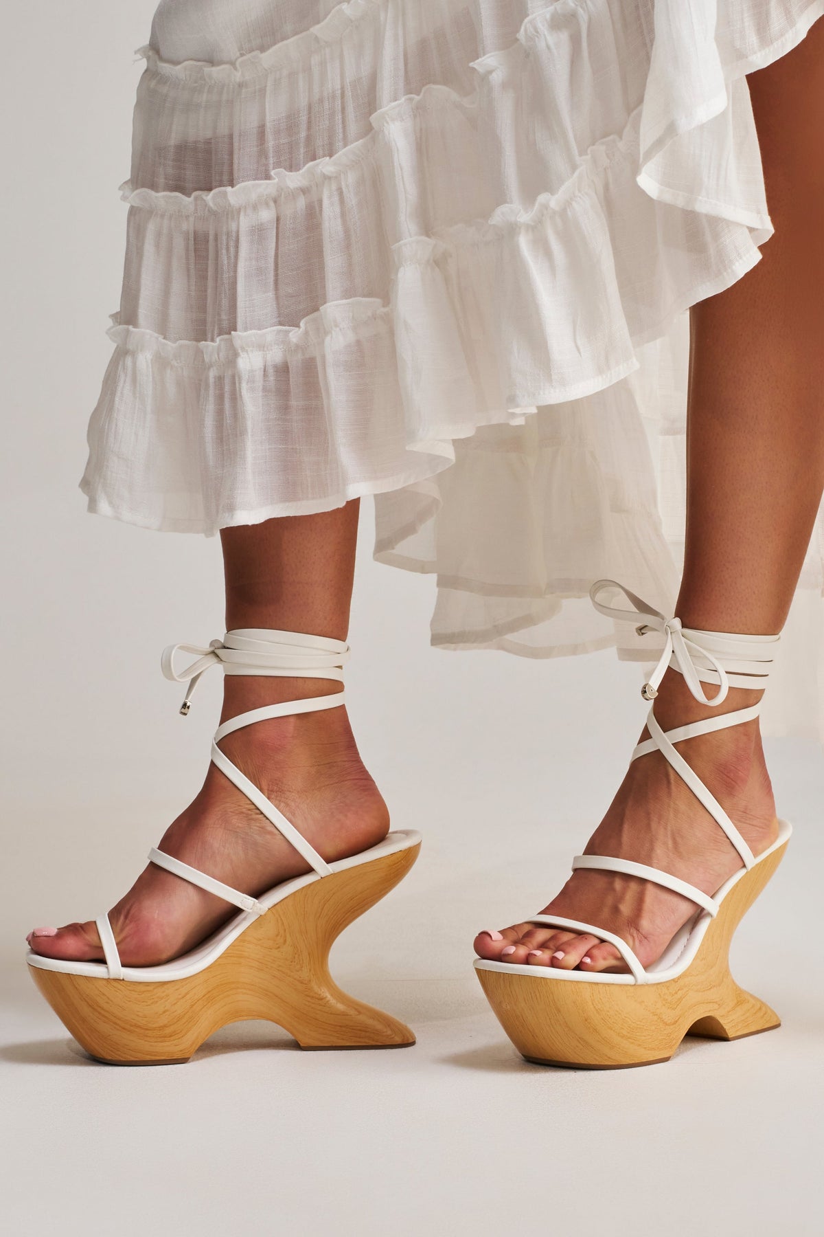 AZALEA WANG ONNI WHITE STRAPPY UPPER WOOD WEDGE