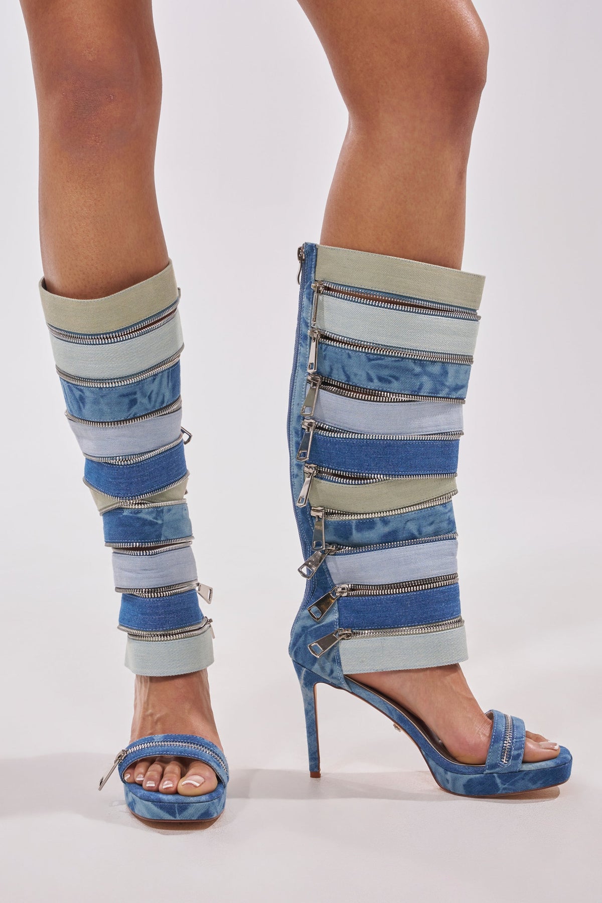 AKIRA GOLD ONREPEAT DENIM EMBELLISHED PLATFORM STILETTO SANDAL BOOT