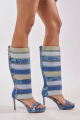AKIRA GOLD ONREPEAT DENIM EMBELLISHED PLATFORM STILETTO SANDAL BOOT