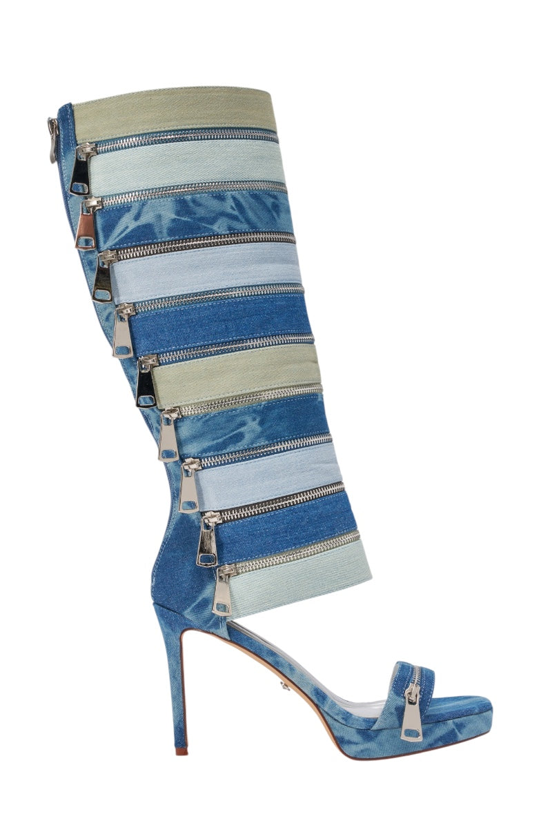 AKIRA GOLD ONREPEAT DENIM EMBELLISHED PLATFORM STILETTO SANDAL BOOT
