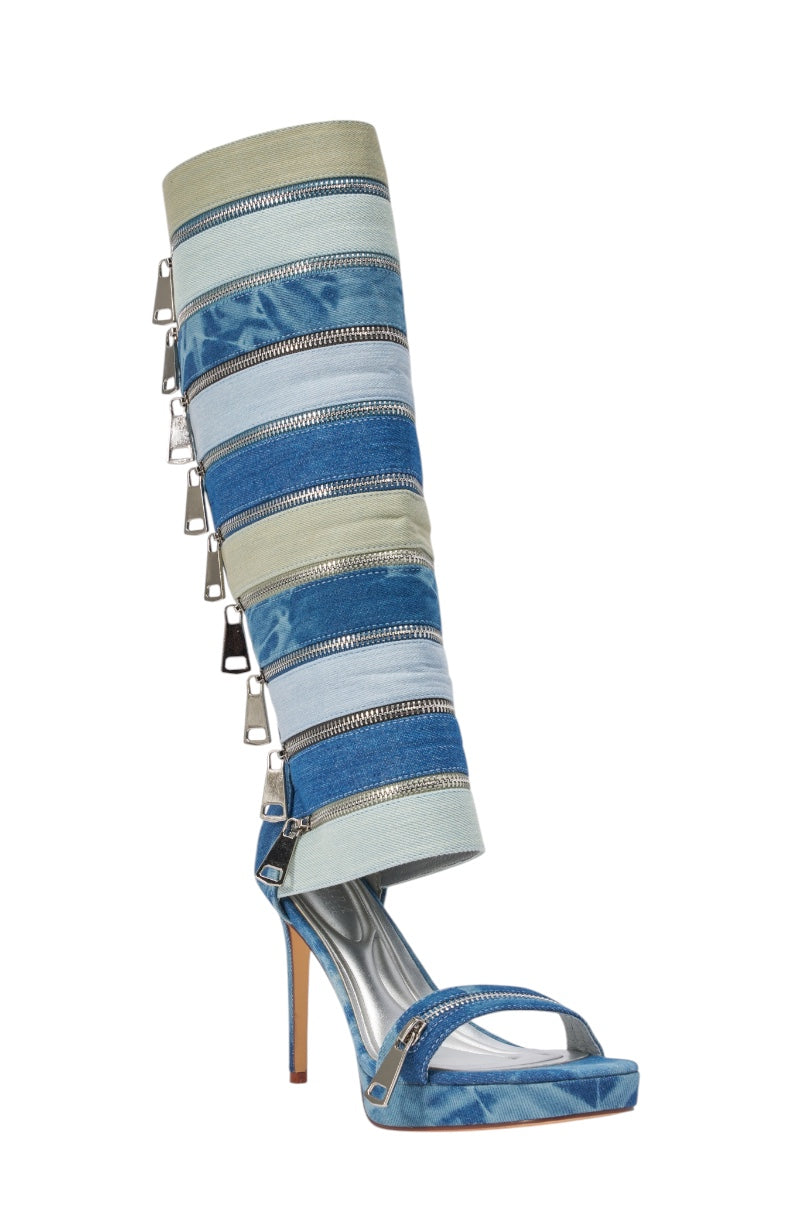 AKIRA GOLD ONREPEAT DENIM EMBELLISHED PLATFORM STILETTO SANDAL BOOT