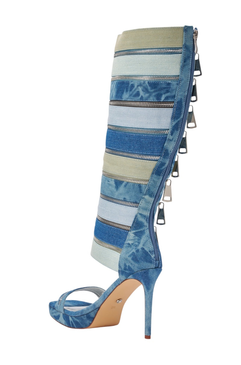 AKIRA GOLD ONREPEAT DENIM EMBELLISHED PLATFORM STILETTO SANDAL BOOT