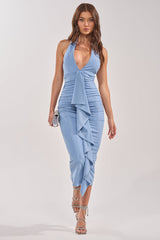 MAKE IT UP TO ME METALLIC MIDI DRESS IN BLUE