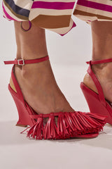 AZALEA WANG PHRIXOS RED WEDGE FRINGE PU SANDAL