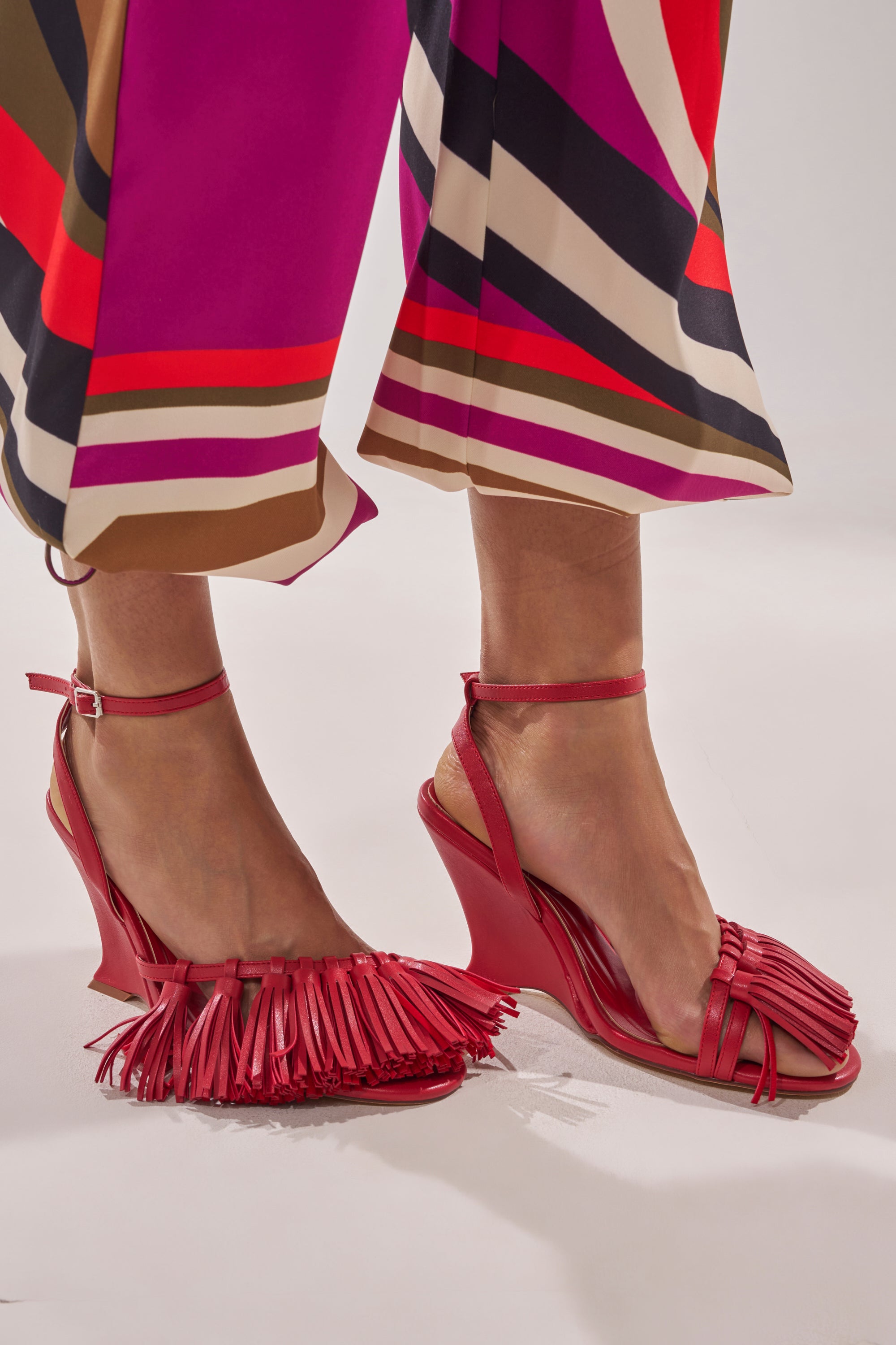 AZALEA WANG PHRIXOS RED WEDGE FRINGE PU SANDAL